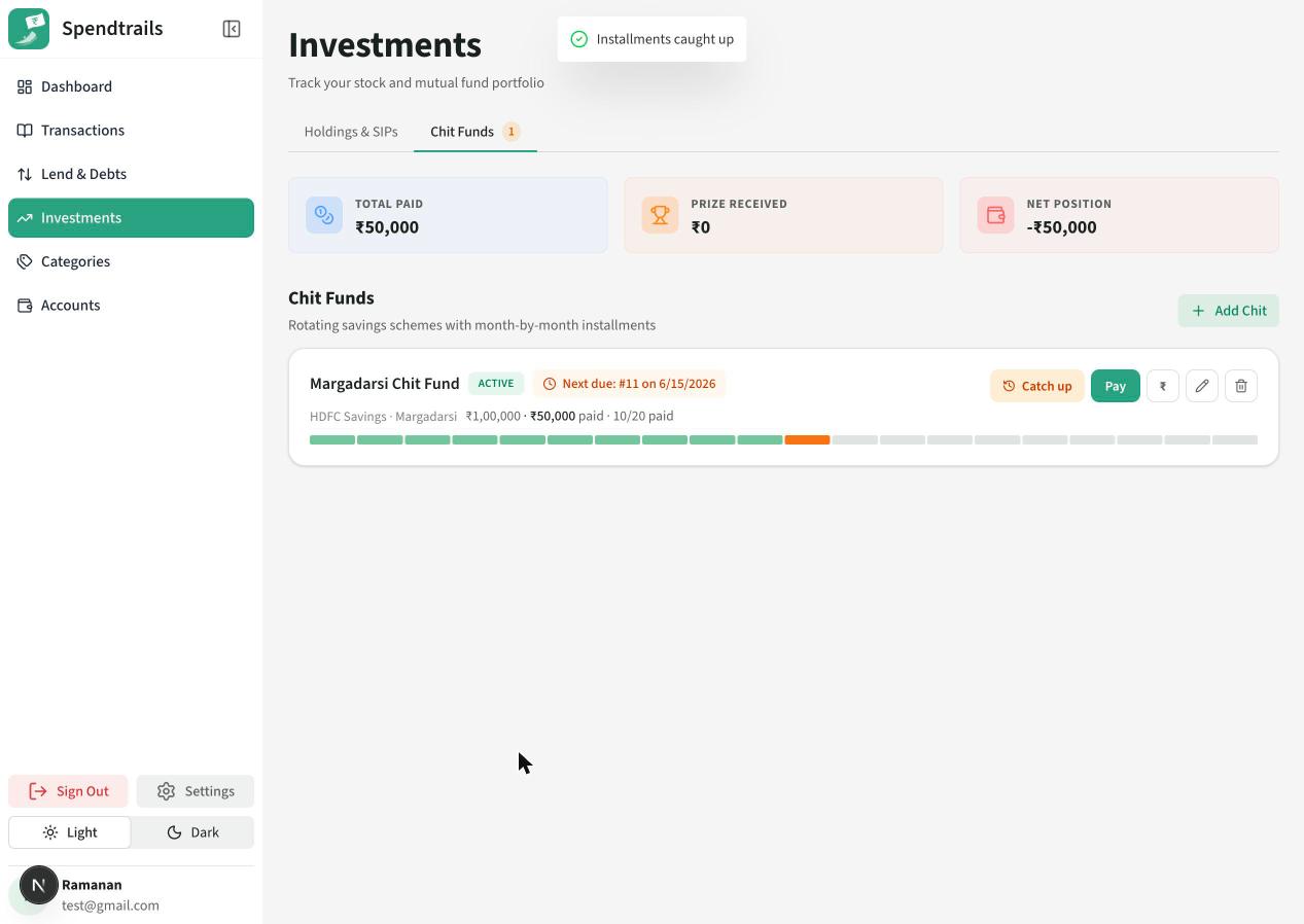 Chit Funds tab showing a chit with an overdue Next due badge and 10 of 20 installments paid