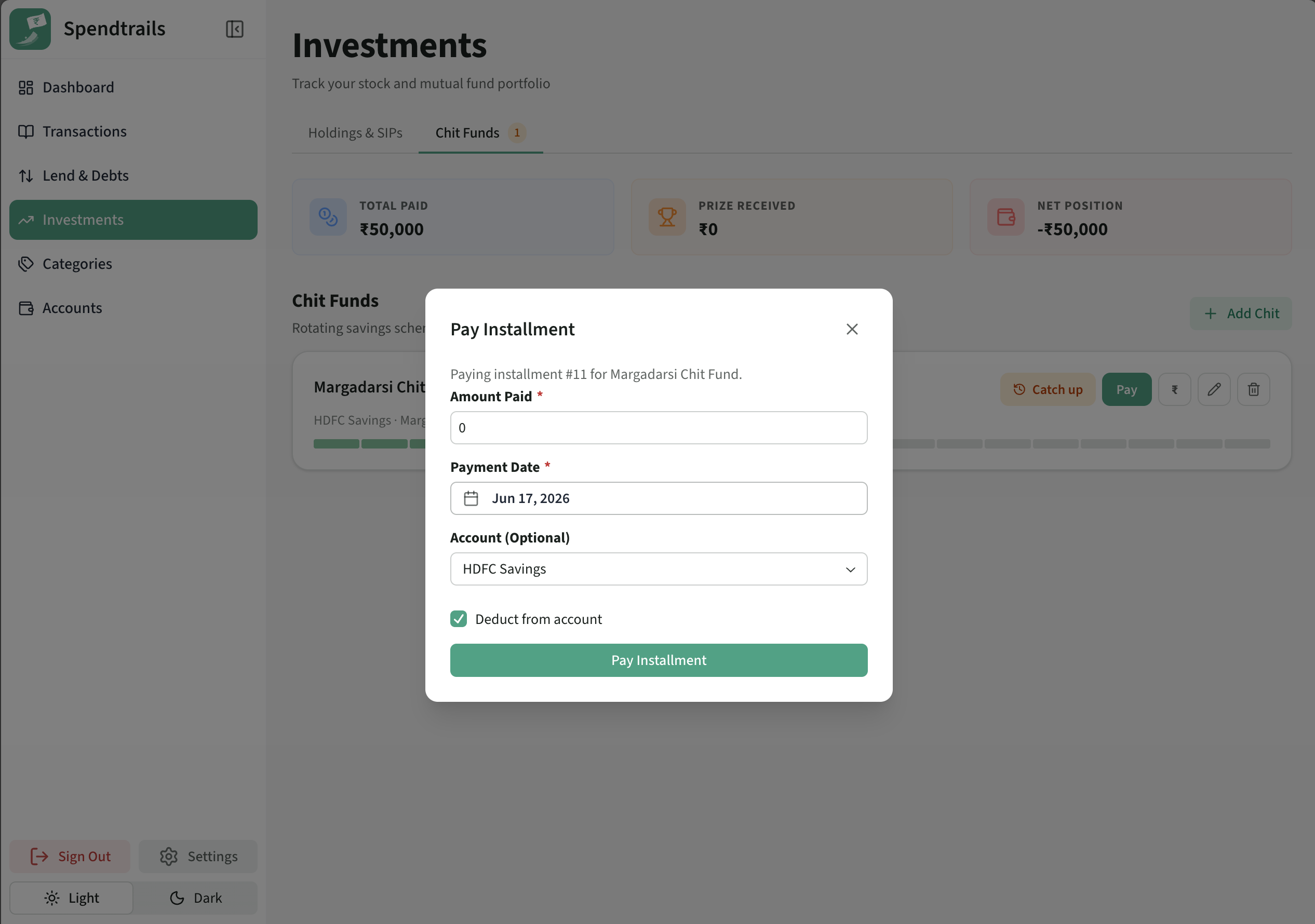 Pay installment modal for month 11 with Deduct from account ticked and an account selected